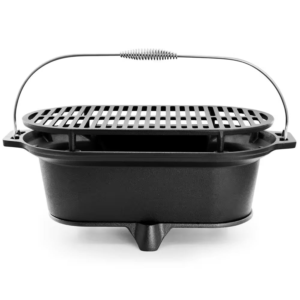 Oval Cast Iron Portable Hibachi Grill for Outdoor Use and Camping in Black