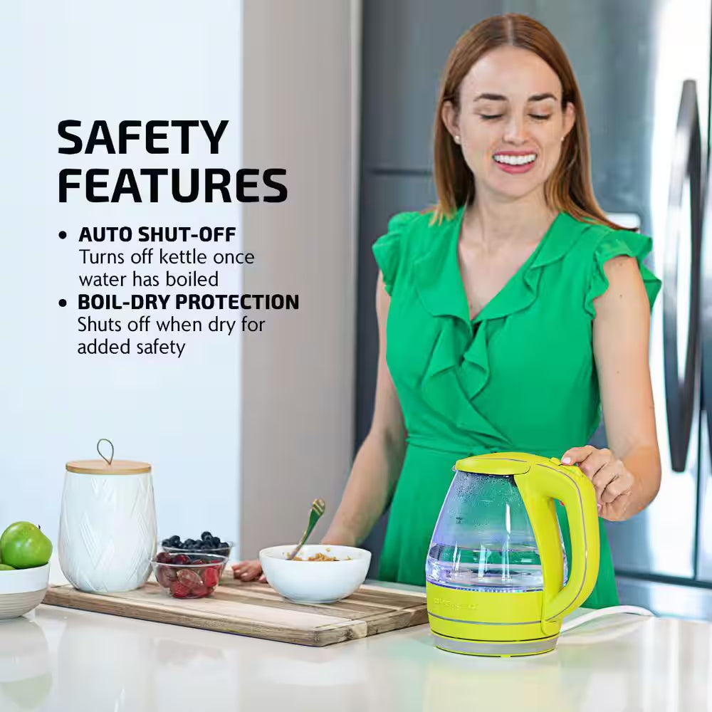 Illuminated 6.5-Cup Green Electric Kettle with Filter, Fast Heating and Auto-Shut Off