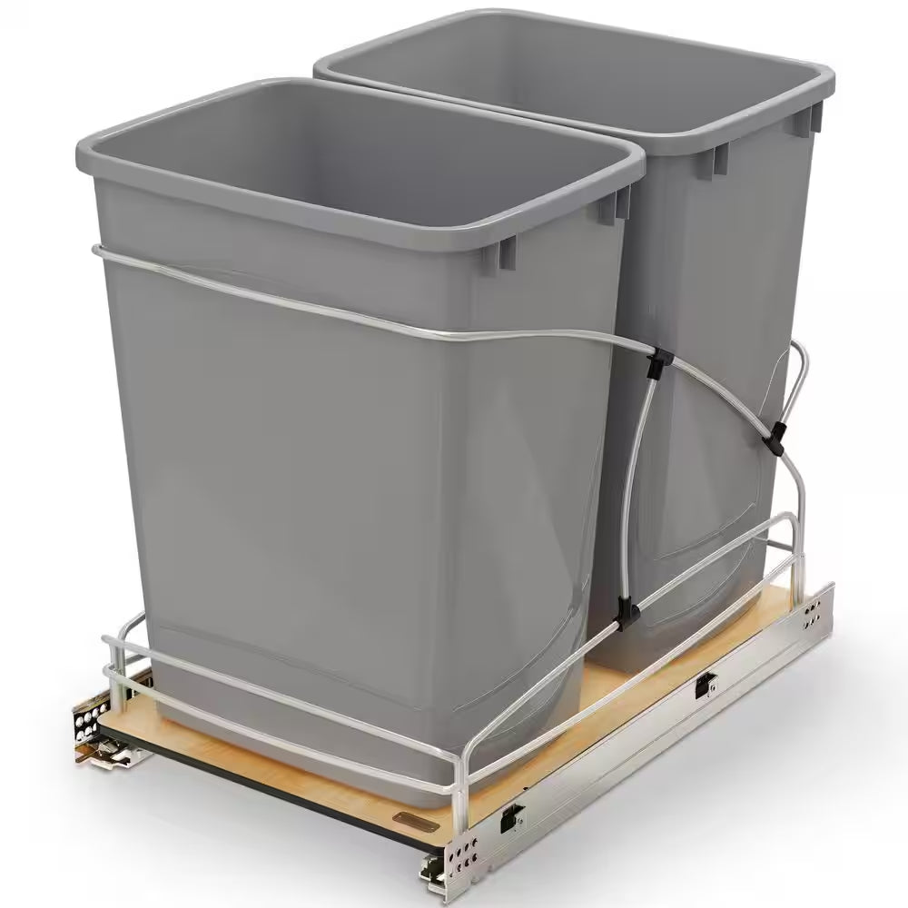 Double 35 Quart Pull Out Trash Containers, Gray, 54WC-1835SC-17-1