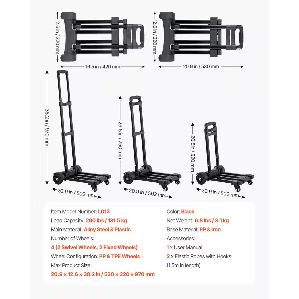 Folding Hand Truck, 290 Lbs. Load Capacity, Collapsible Luggage Cart with 4 Wheels, 2 Elastic Ropes & Expandable Base