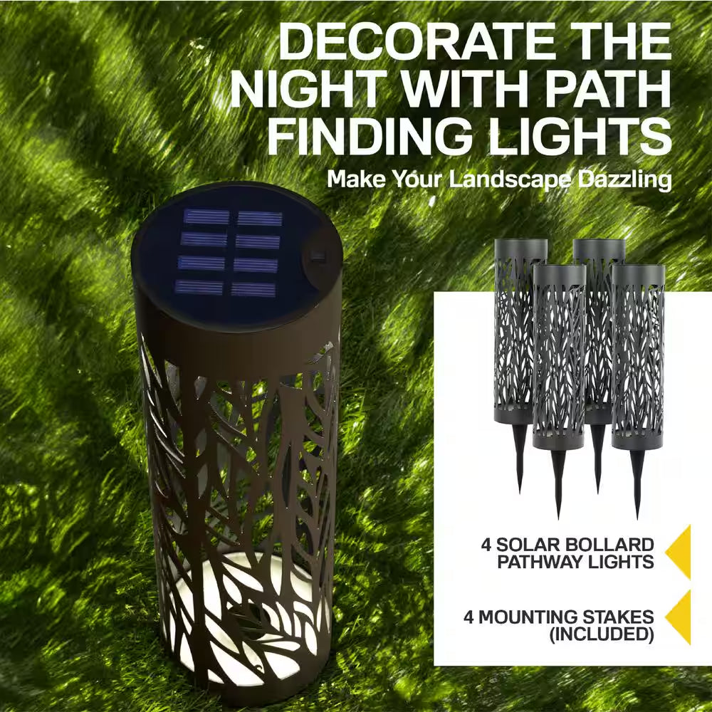 Low Voltage Black 2 Lumens Solar Powered Integrated LED Landscape Pathway Bollard Lights (4-Pack)