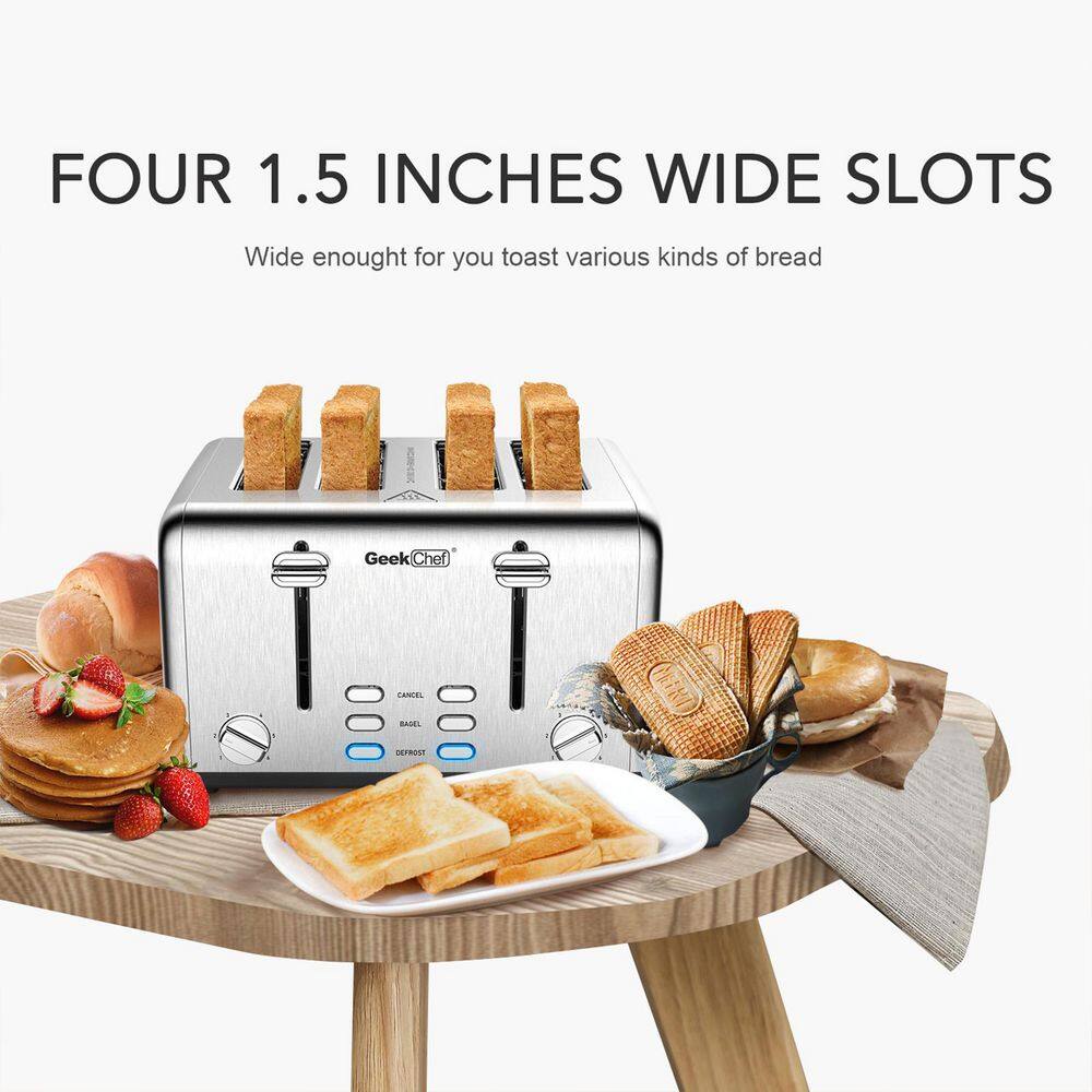 4-Slice Silver Stainless Steel Extra-Wide Slot Toaster with Dual Control Function