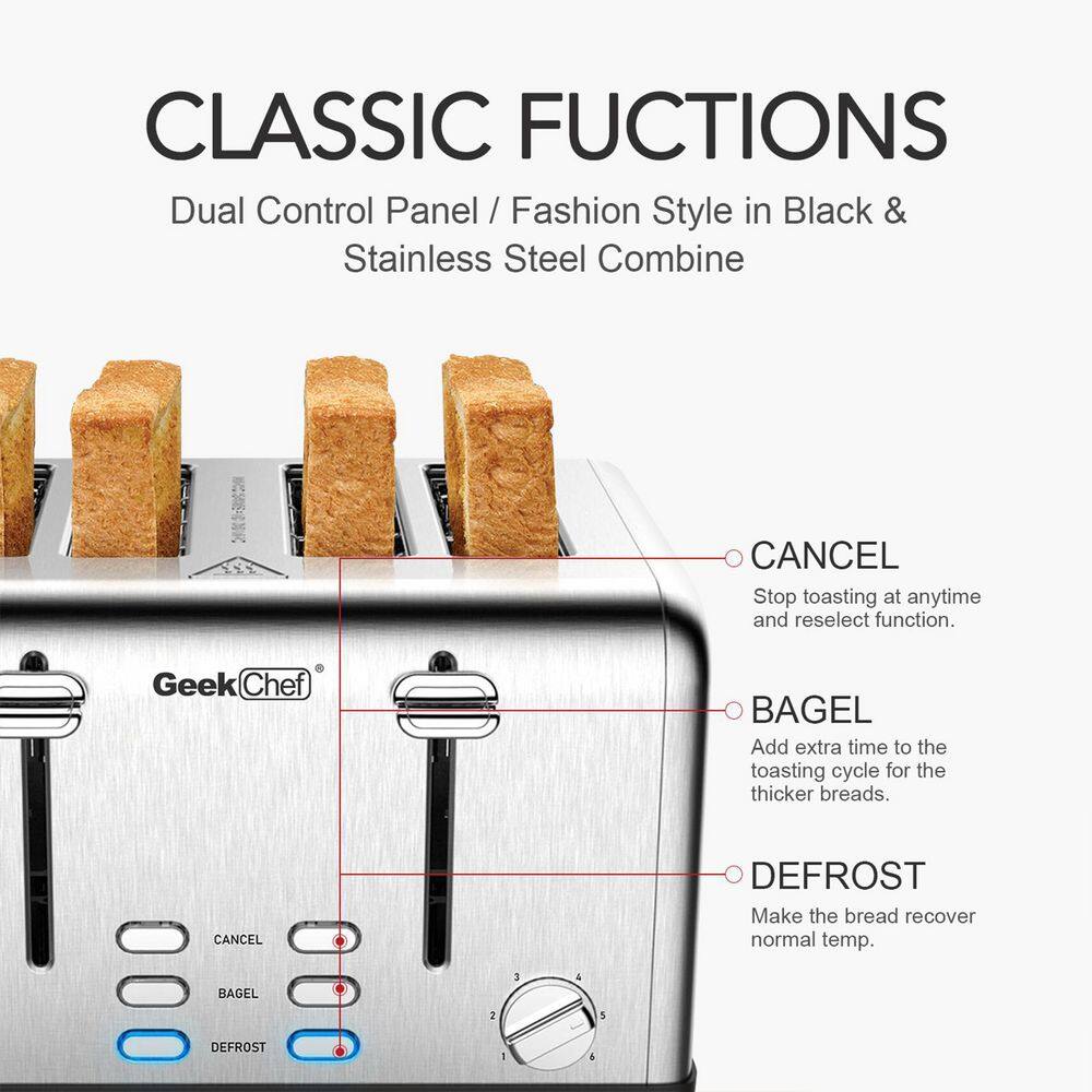 4-Slice Silver Stainless Steel Extra-Wide Slot Toaster with Dual Control Function