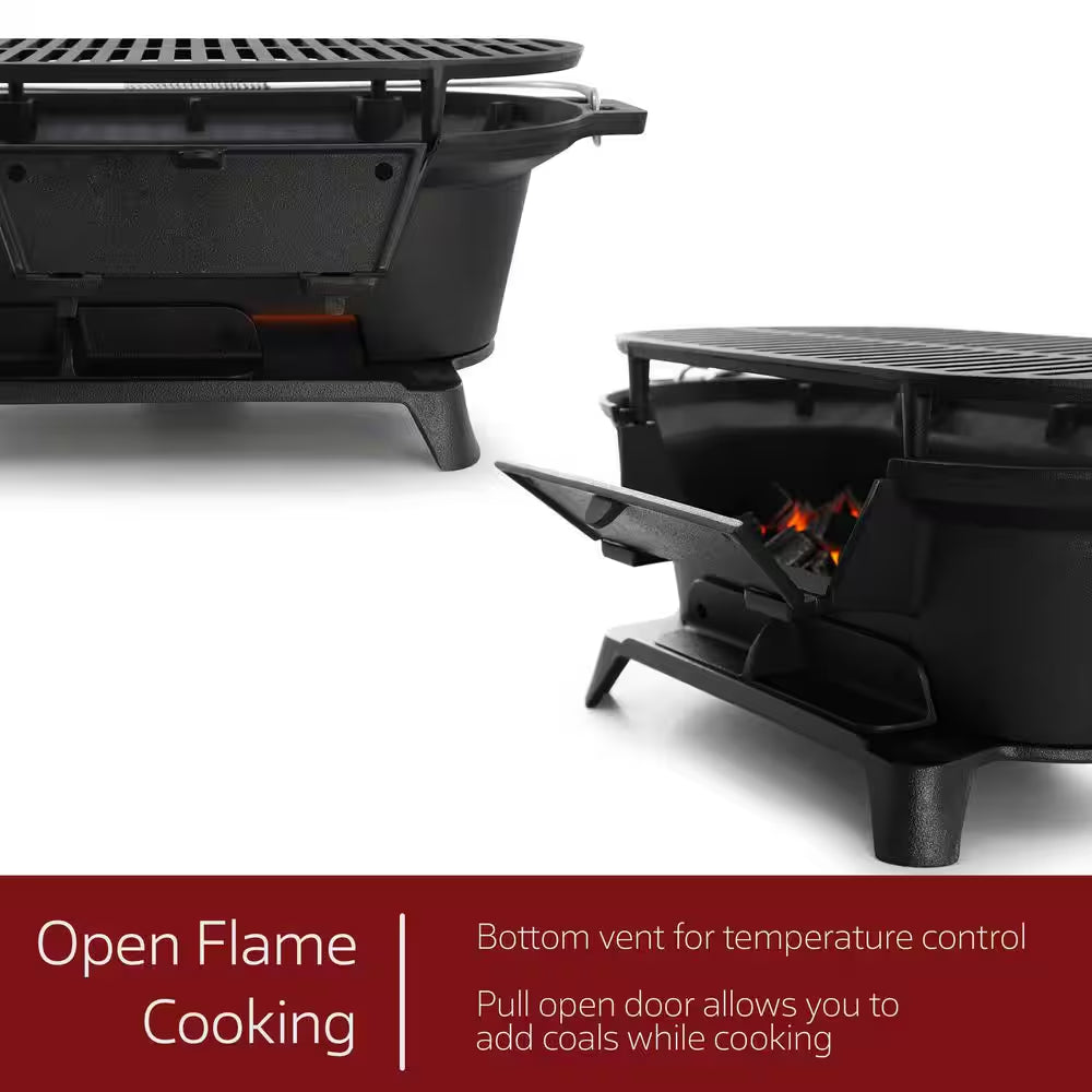 Oval Cast Iron Portable Hibachi Grill for Outdoor Use and Camping in Black