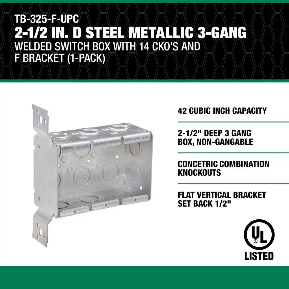2-1/2 In. D Steel Metallic 3-Gang Welded Switch Box with 14 Cko'S and F Bracket, 1-Pack