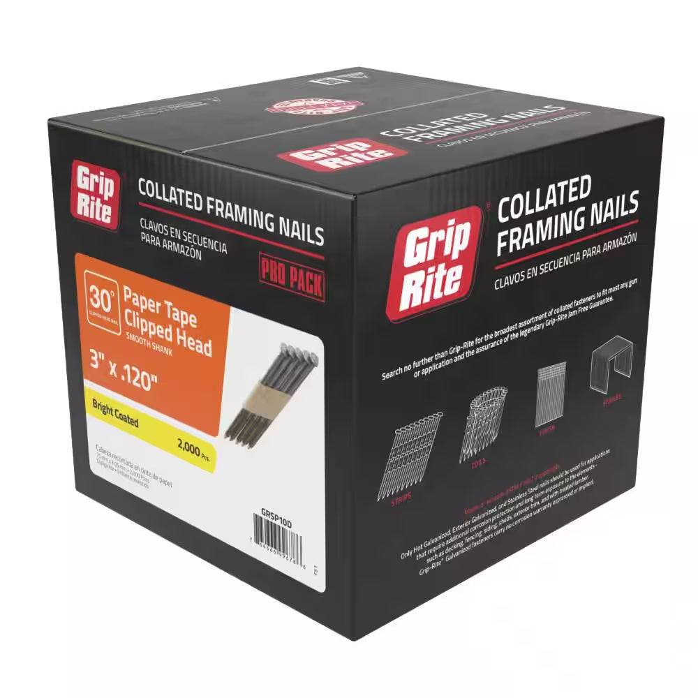 3 In. X 0.120 In. 30° Paper Collated Bright Coated Smooth Shank Clip-Head Framing Nails 2000 per Box