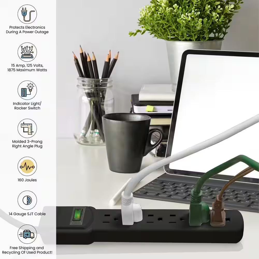 6 Outlet Surge Protector with 3 Ft. Heavy Duty Cord - Black
