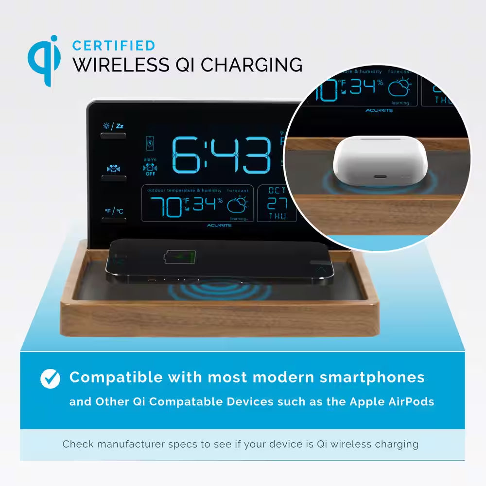 Weather Valet with Qi-Certified Wireless Charging Pad and Alarm Clock