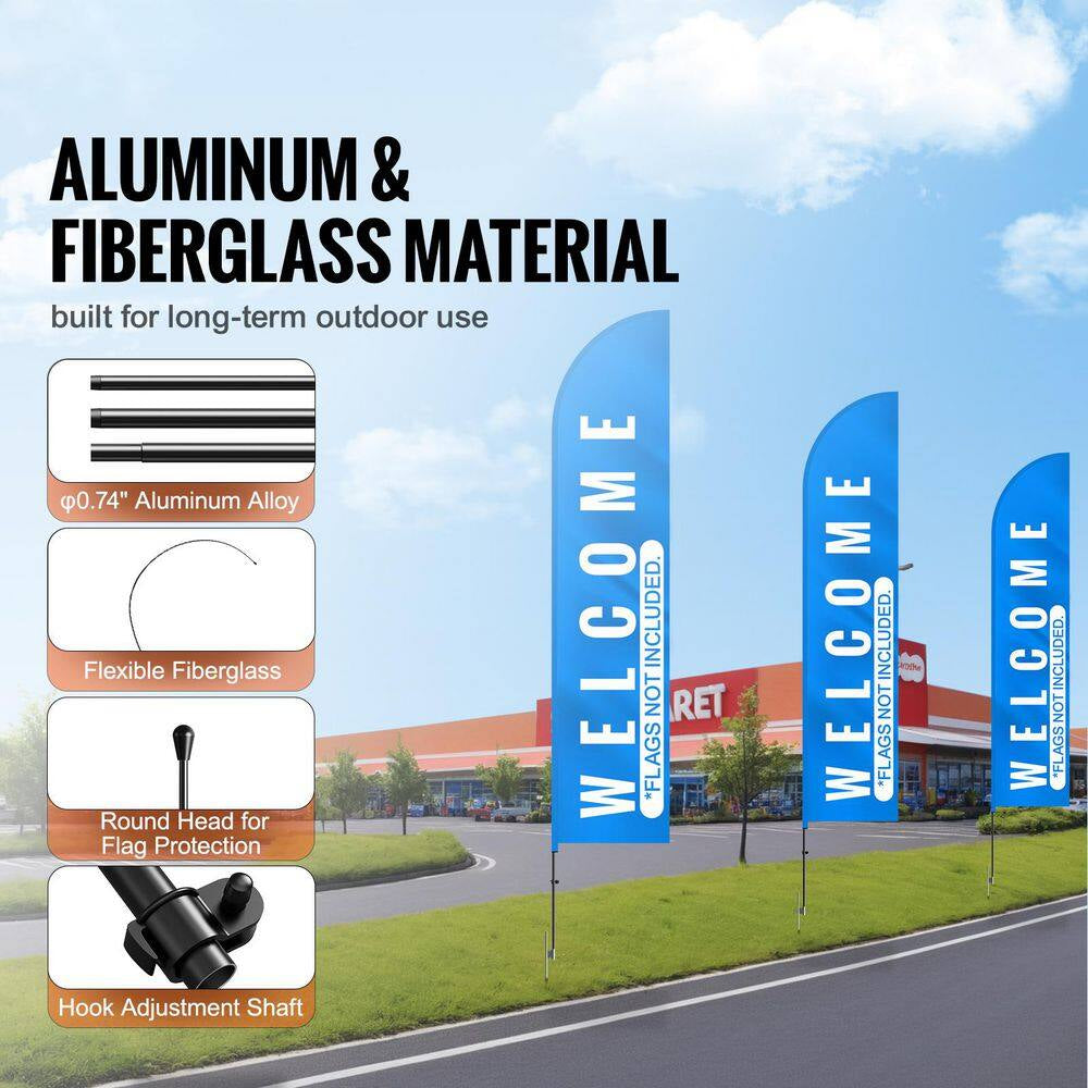 Feather Flag Pole Kit, 3-Pack Swooper Flag Poles 16.3 Ft. for Outdoor Business Advertising, with Ground Stakes, Flagpole