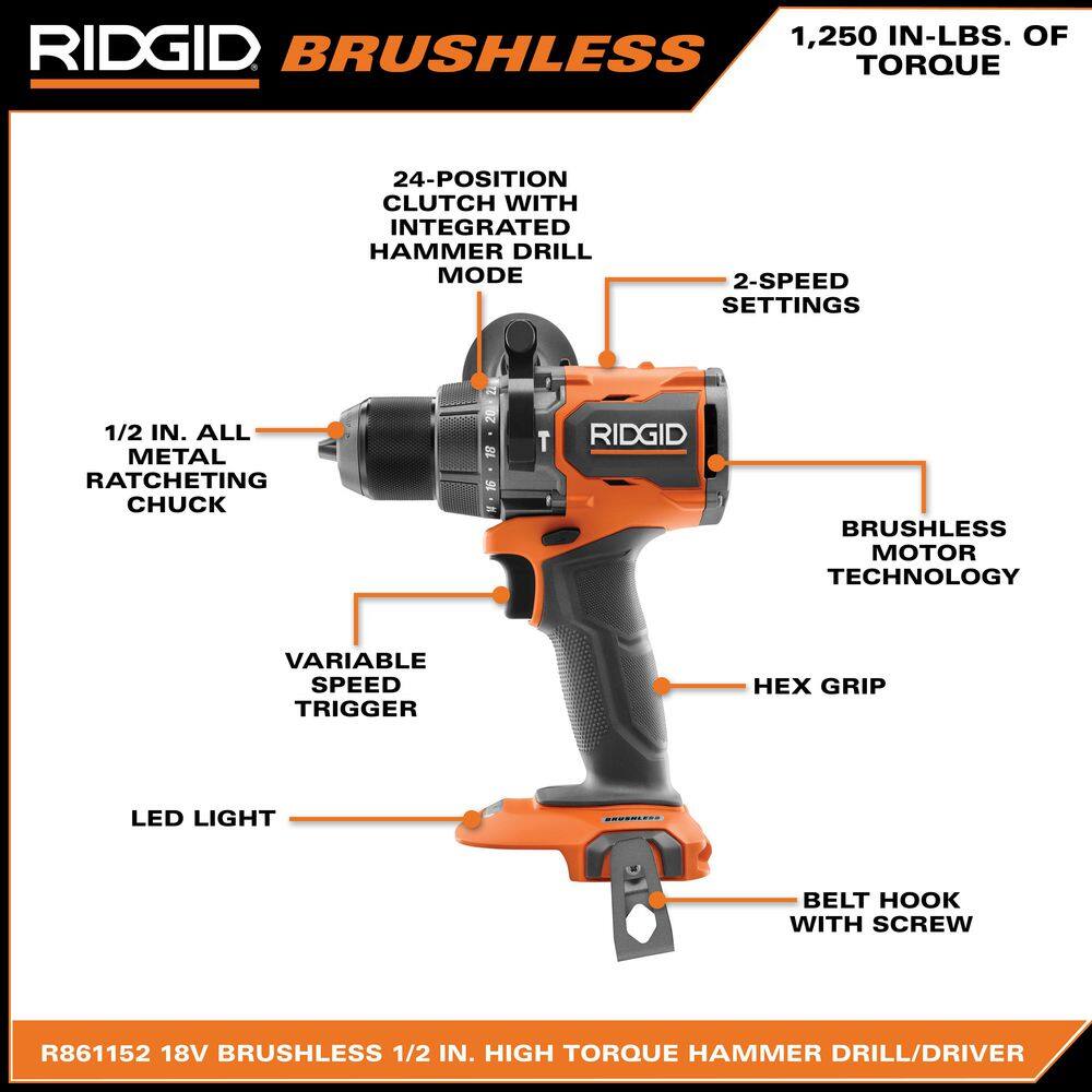 RIDGID 18V Brushless Cordless 1/2 in. High Torque Hammer Drill/Driver (Tool Only)