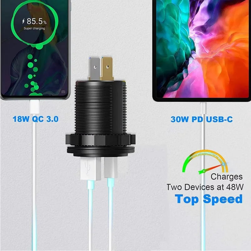1SET 60W PD QC3.0 Car Charger Socket with Voltage Meter Quick Charge 3.0 Socket Power Outlet for 12V/24V Motorcycle Truck Boat
