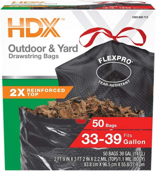 HDX 33-39 Gal. Black Heavy Duty Drawstring Trash Bags (50-Count) - For Outdoor and Yard Waste