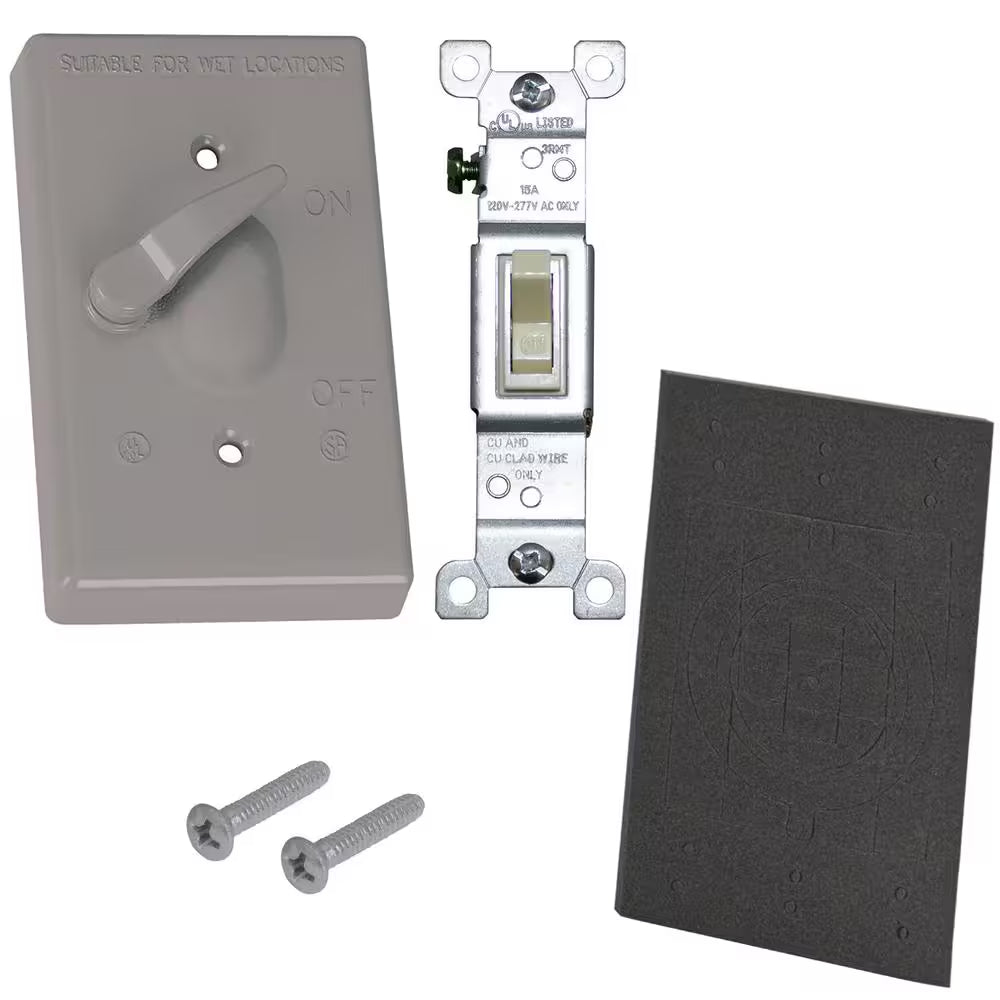 1-Gang Metal Weatherproof Single Pole Toggle Switch and Electrical Outlet Cover Kit, Gray