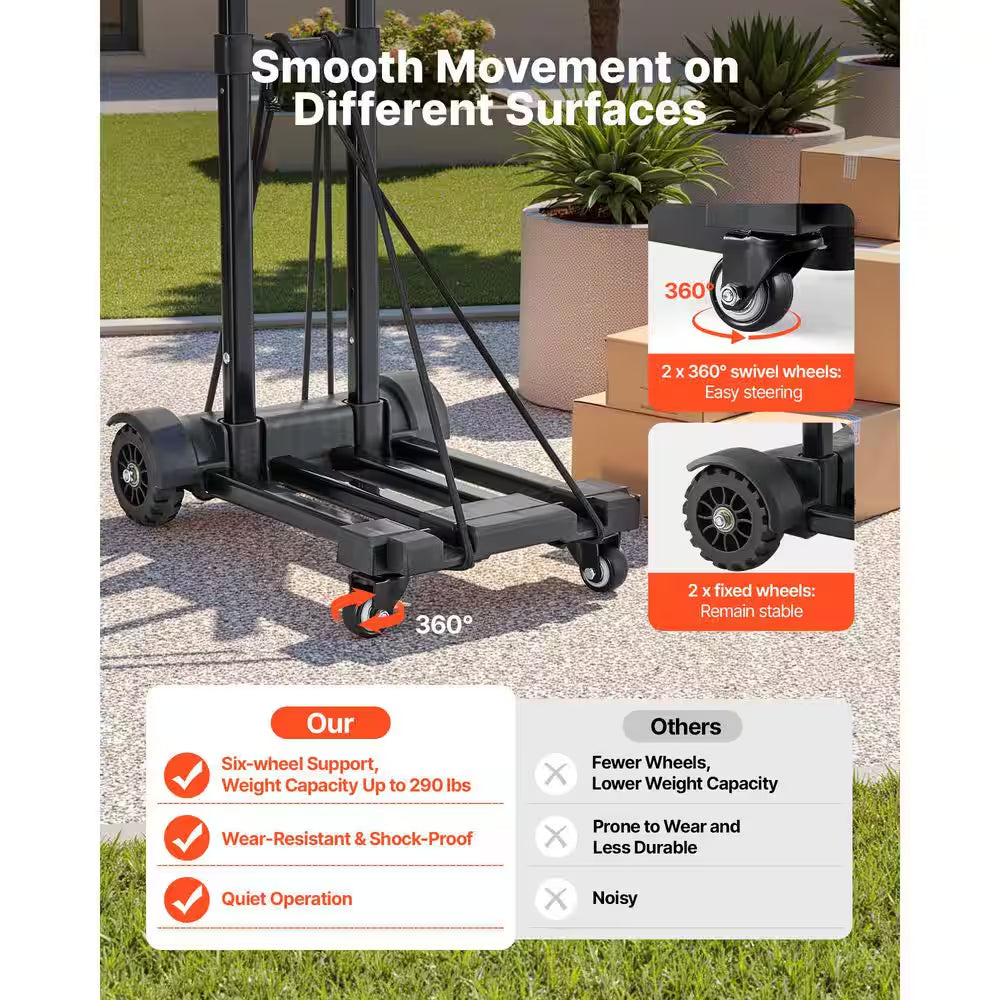 Folding Hand Truck, 290 Lbs. Load Capacity, Collapsible Luggage Cart with 4 Wheels, 2 Elastic Ropes & Expandable Base