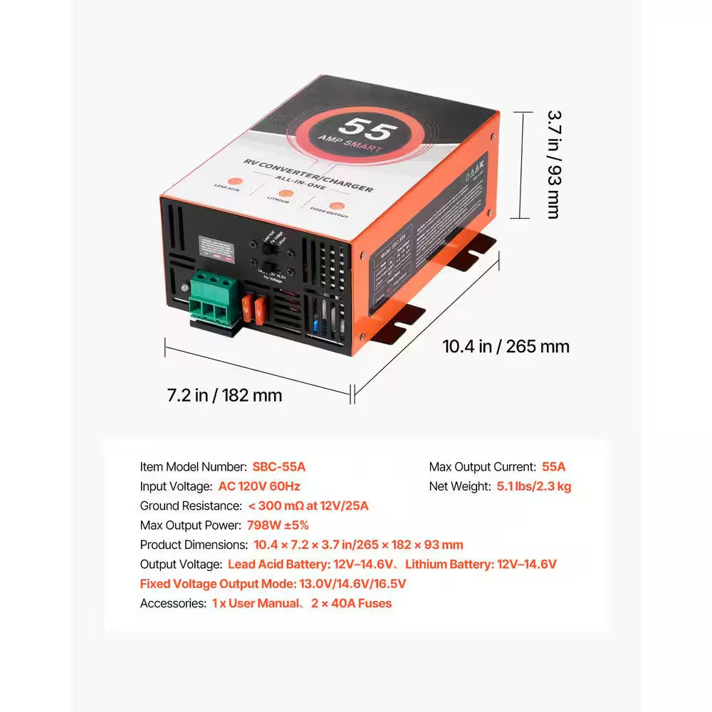 RV Power Converter, 55 Amp, 110V AC to 12V DC RV Converter Battery Charger, Multi Stage Smart Charging, for Camper