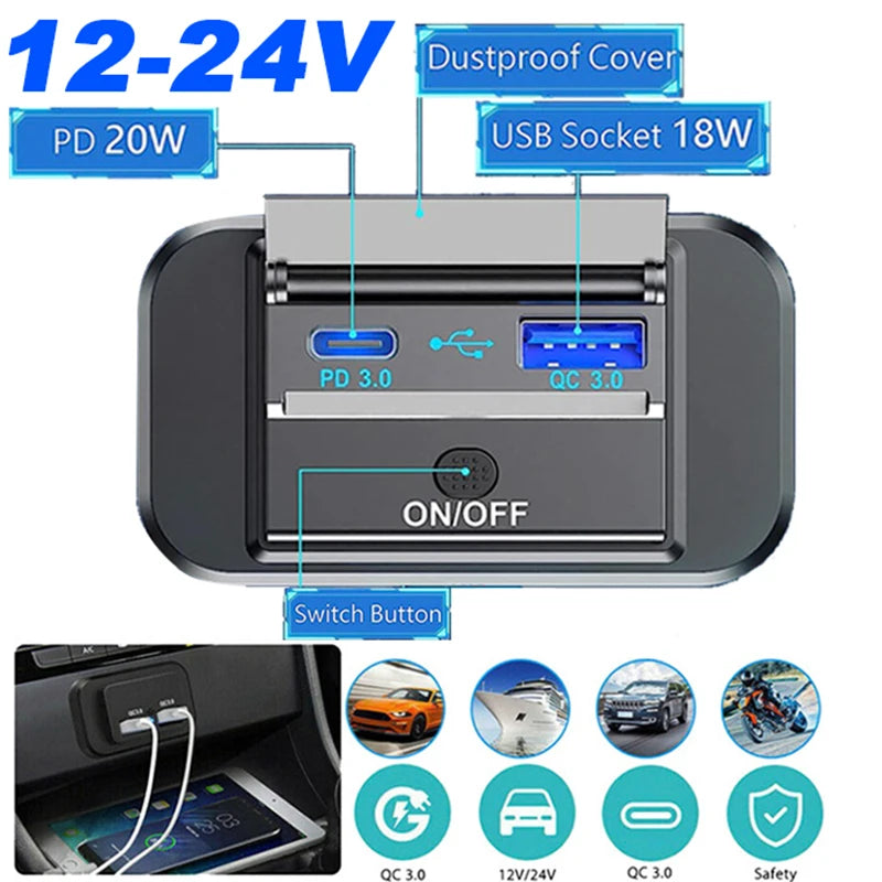 12/24V QC3.0 PD Car Charger Socket Quick Charge Dual USB with ON/OFF Outlet Panel Adapter for Truck Camper Caravan Accessories