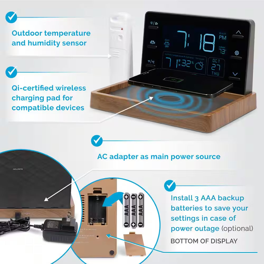 Weather Valet with Qi-Certified Wireless Charging Pad and Alarm Clock