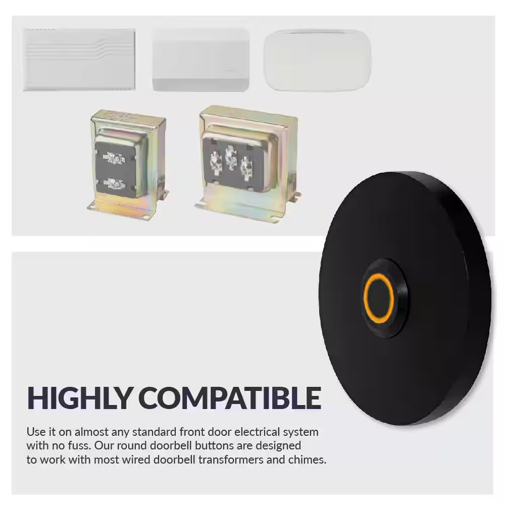 Wired Metal Circular Recessed Mount Doorbell Chime Push Button with LED Button Light in Black, Door Bell Button Only