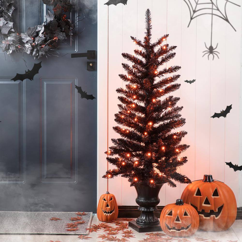 Glitzhome 48 in. H Lighted Black PVC Tips Porch Tree with 100 LED Orange Lights