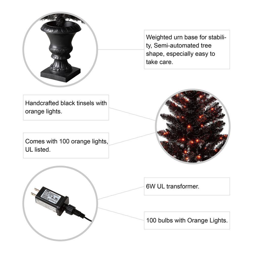 Glitzhome 48 in. H Lighted Black PVC Tips Porch Tree with 100 LED Orange Lights