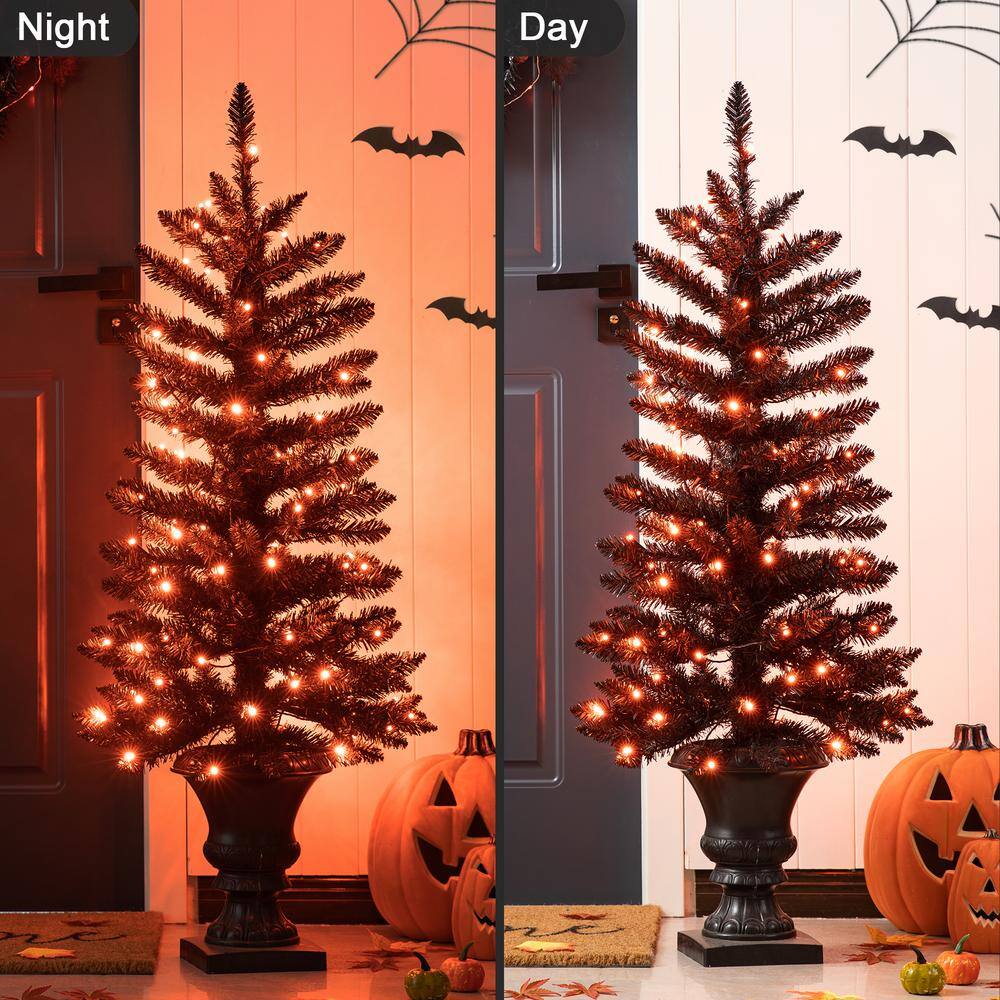 Glitzhome 48 in. H Lighted Black PVC Tips Porch Tree with 100 LED Orange Lights