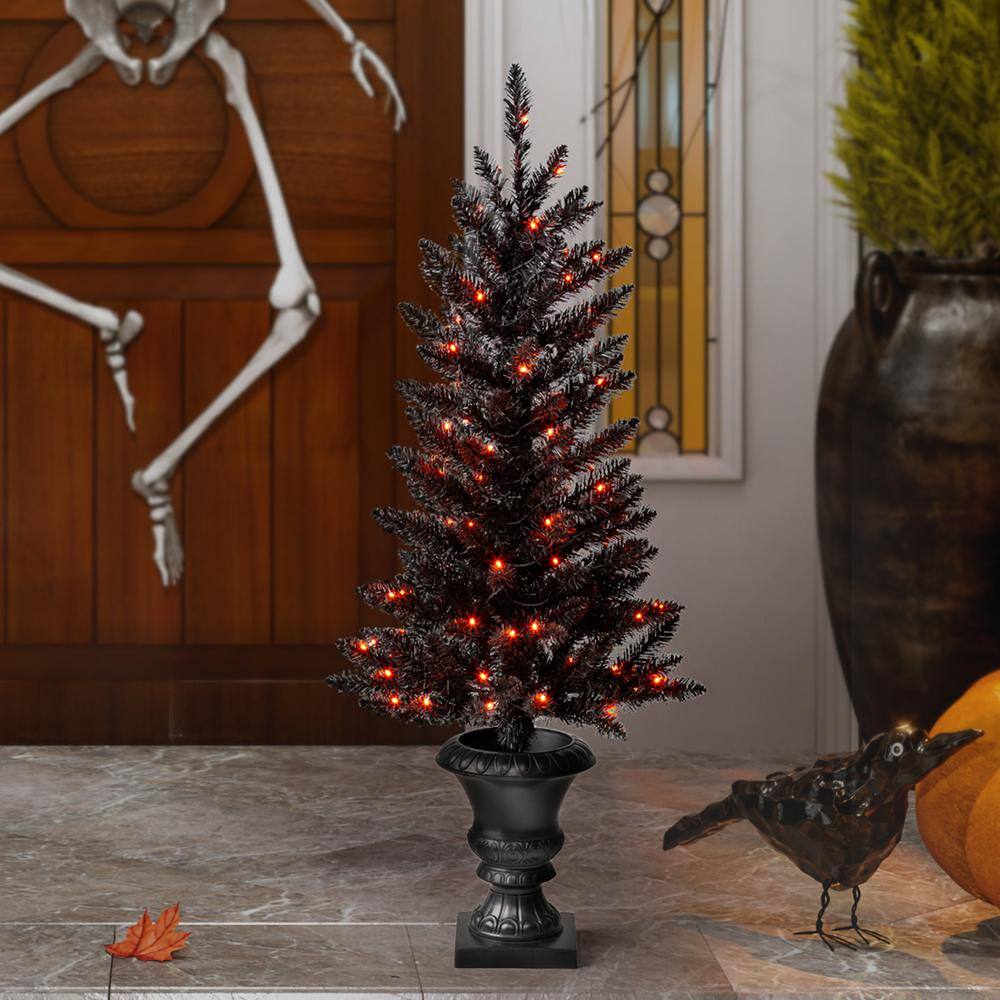 Glitzhome 48 in. H Lighted Black PVC Tips Porch Tree with 100 LED Orange Lights