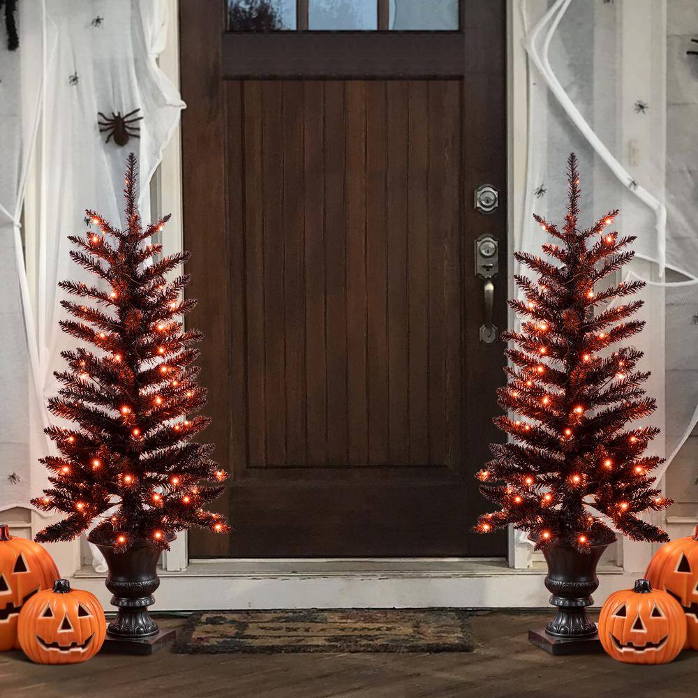 Glitzhome 48 in. H Lighted Black PVC Tips Porch Tree with 100 LED Orange Lights