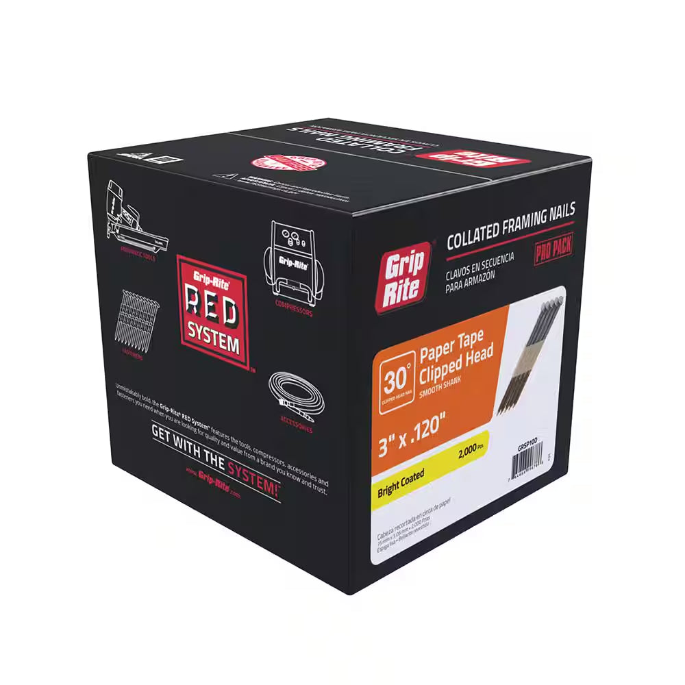 3 In. X 0.120 In. 30° Paper Collated Bright Coated Smooth Shank Clip-Head Framing Nails 2000 per Box