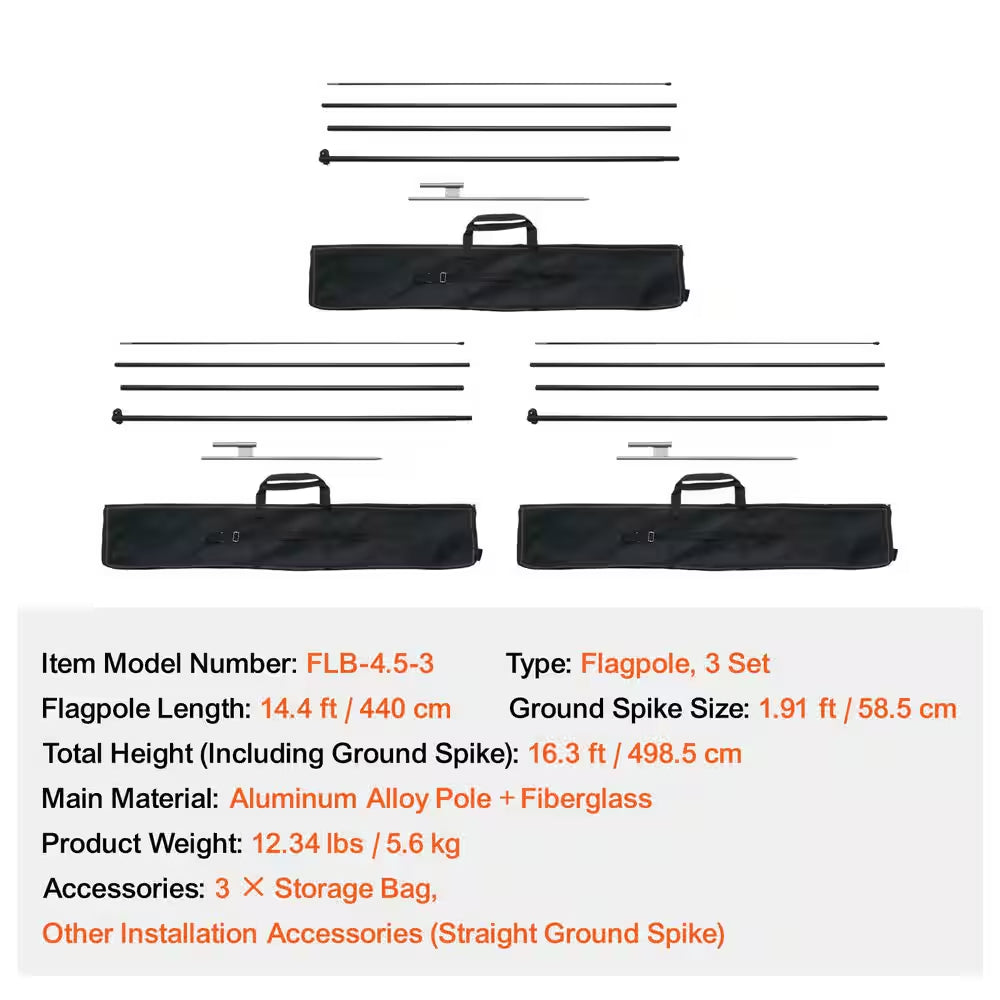 Feather Flag Pole Kit, 3-Pack Swooper Flag Poles 16.3 Ft. for Outdoor Business Advertising, with Ground Stakes, Flagpole