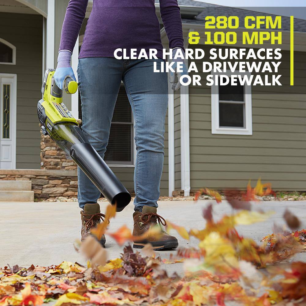 RYOBI ONE+ 18V 100 MPH 280 CFM Cordless Battery Variable-Speed Jet Fan Leaf Blower with 4.0 Ah Battery and Charger
