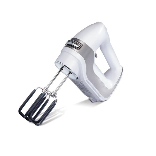 Hamilton Beach Professional 7-Speed White Hand Mixer with SoftScrape Beaters, Whisk, Dough Hooks and Snap-On Storage Case