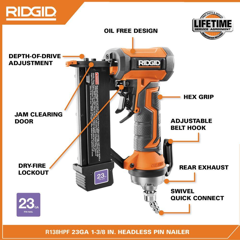 RIDGID Pneumatic 23-Gauge 1-3/8 in. Headless Pin Nailer with Dry-Fire Lockout
