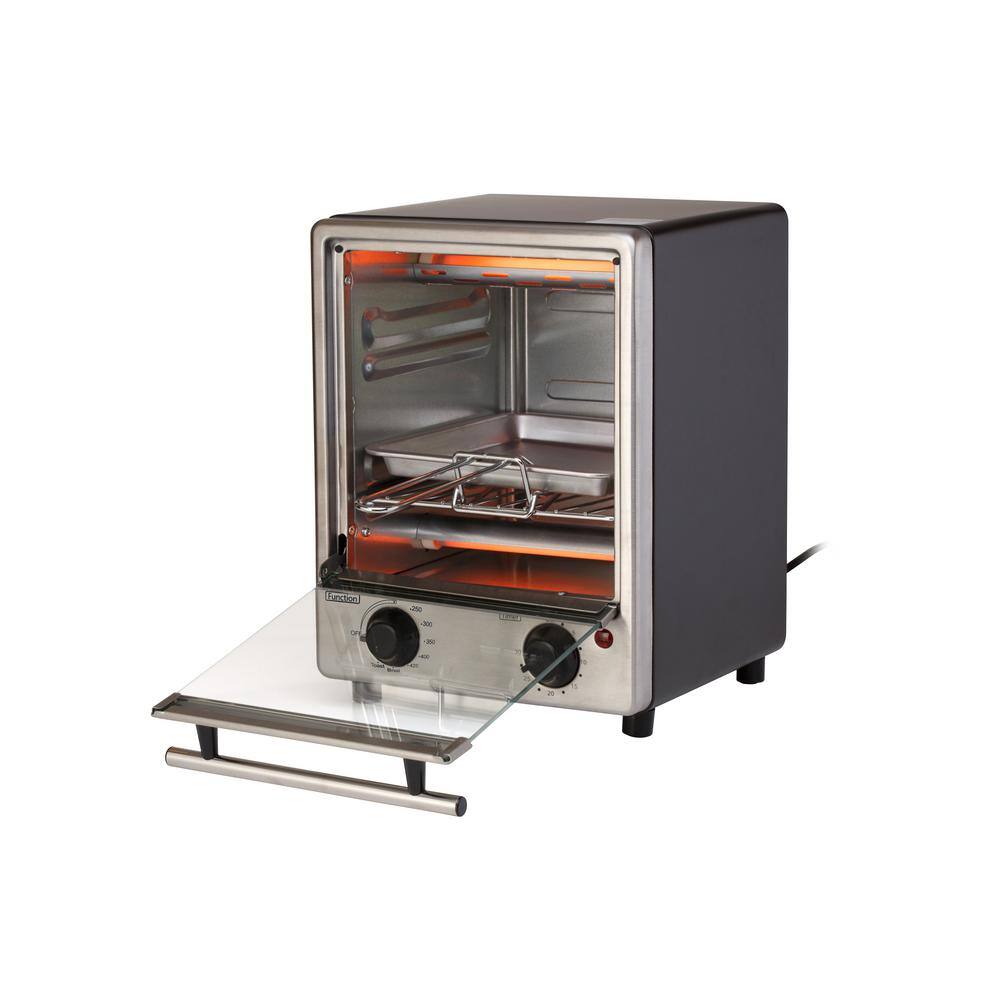 Courant 900-Watt 4-Slice Stainless Steel Toastower Tempered Glass Door with Toaster Oven Space Saving Design