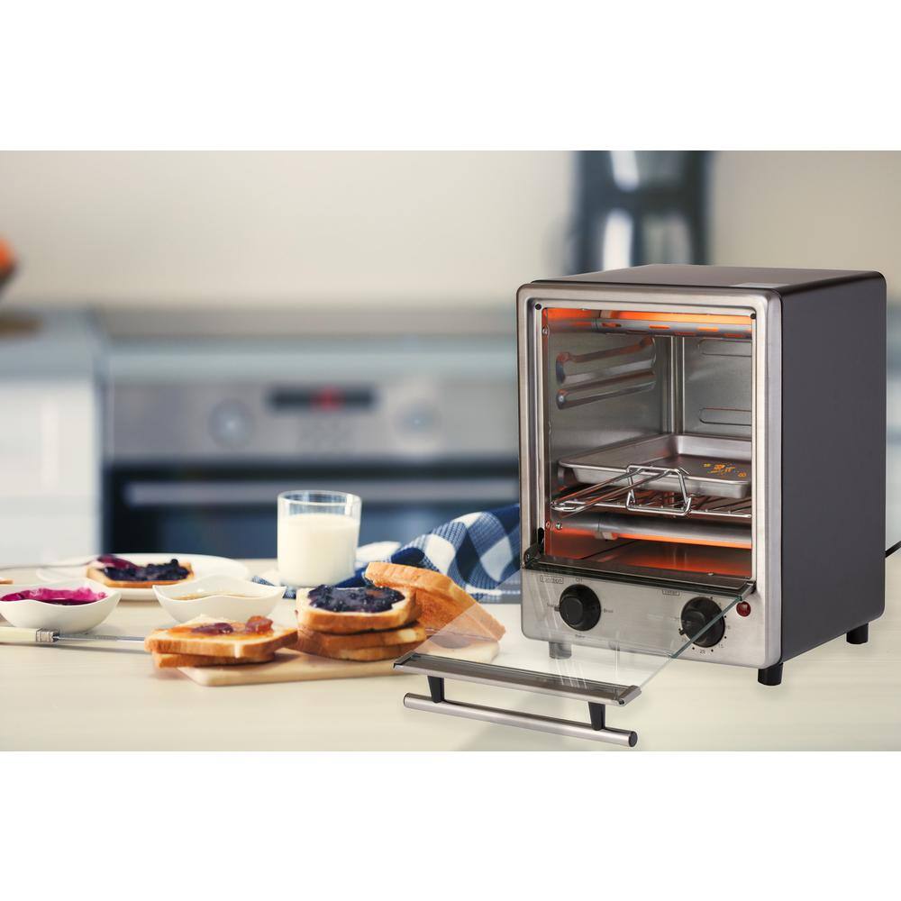 Courant 900-Watt 4-Slice Stainless Steel Toastower Tempered Glass Door with Toaster Oven Space Saving Design