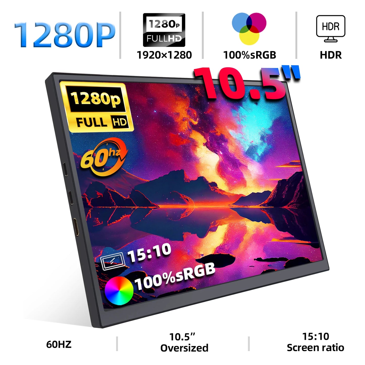 10.5-Inch Portable Monitor 1280P 100%Srgb 15:10 Low Blue Light for Xbox PS4 / 5 Switch Cell Phone PC Loptop Extension