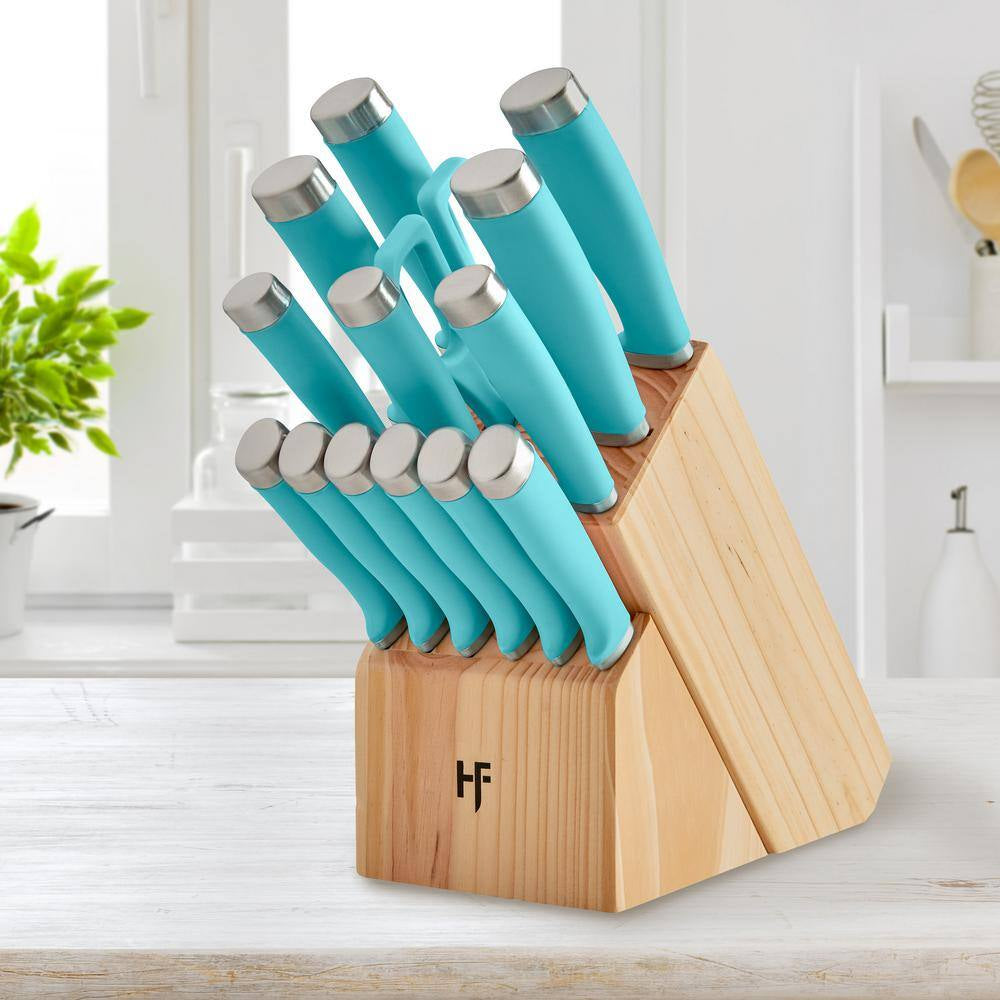 Epicure 15-Piece Stainless Steel Knife Set with Storage Block in True Aqua