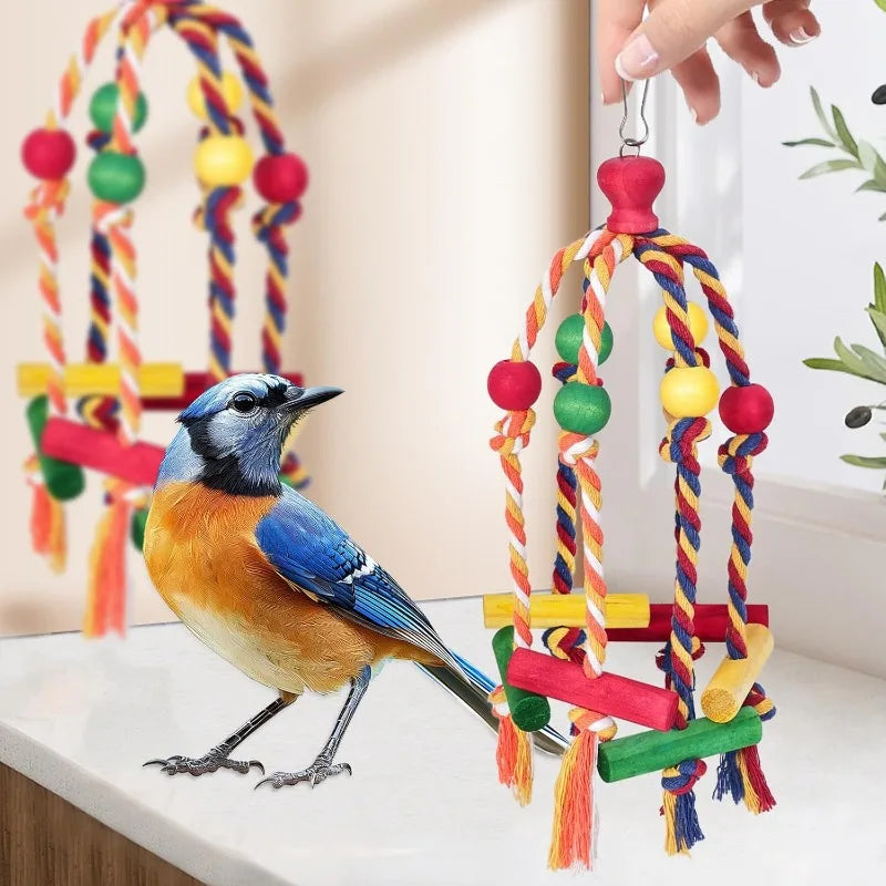 Bird Toys Parrot Toys Cotton Rope Colorful Beads Wooden Blocks Gnawing Strings Relieve Boredom Relieve Biting Hair Bird Supplies