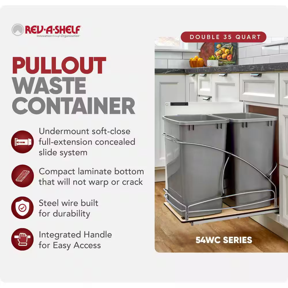 Double 35 Quart Pull Out Trash Containers, Gray, 54WC-1835SC-17-1
