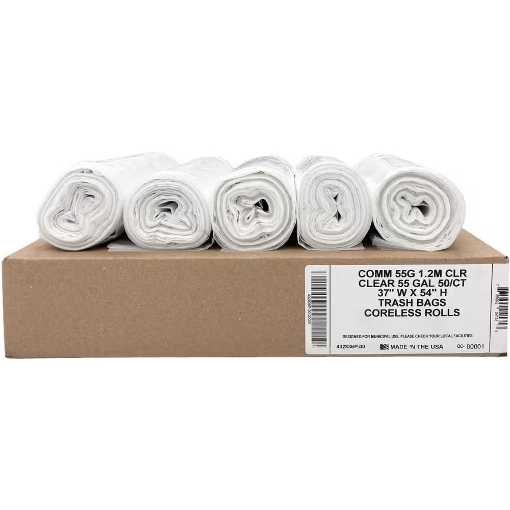 Heavy Duty 55 Gal. Clear Trash Bags (Value 50-Pack) 1.2 MIL Equivalent Industrial Strength Plastic 37 In. X 54 In.