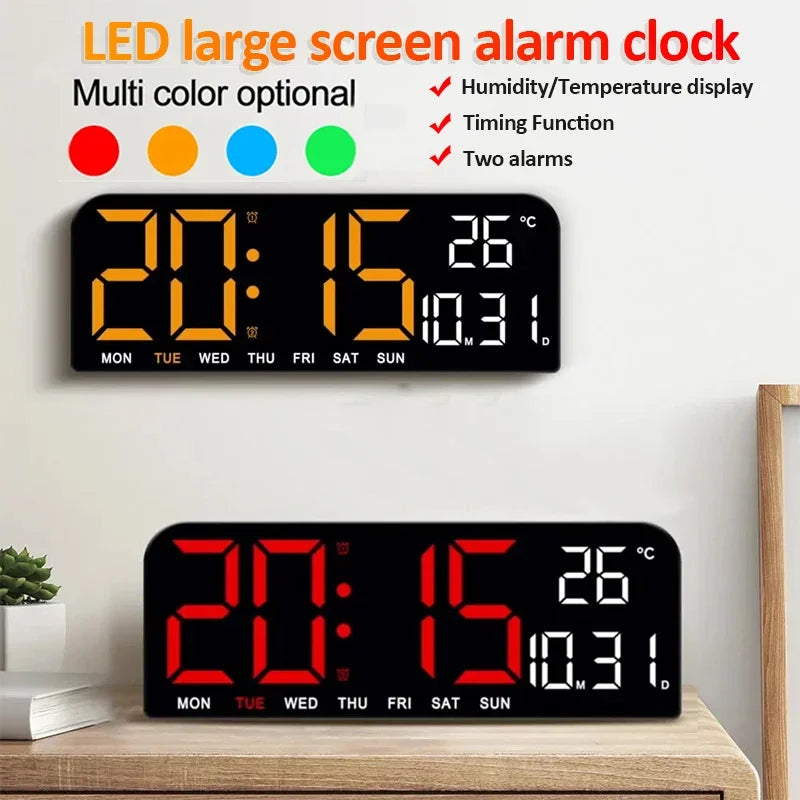 Large Digital Wall Clock Temp Date Week Display USB Powered Table Clock Wall-Mounted Dual Alarms LED Clocks