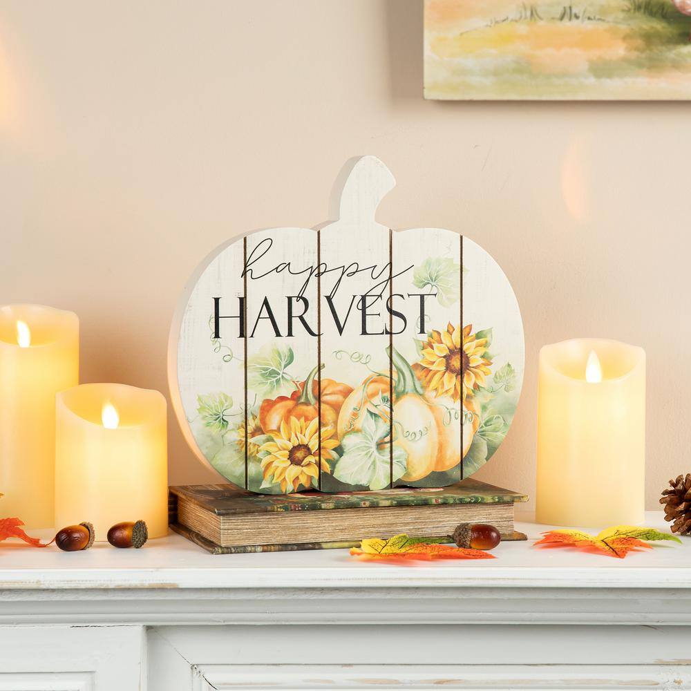 Glitzhome 9 .75 in. Happy Harvest Wooden Pumpkin Tabletop Sign