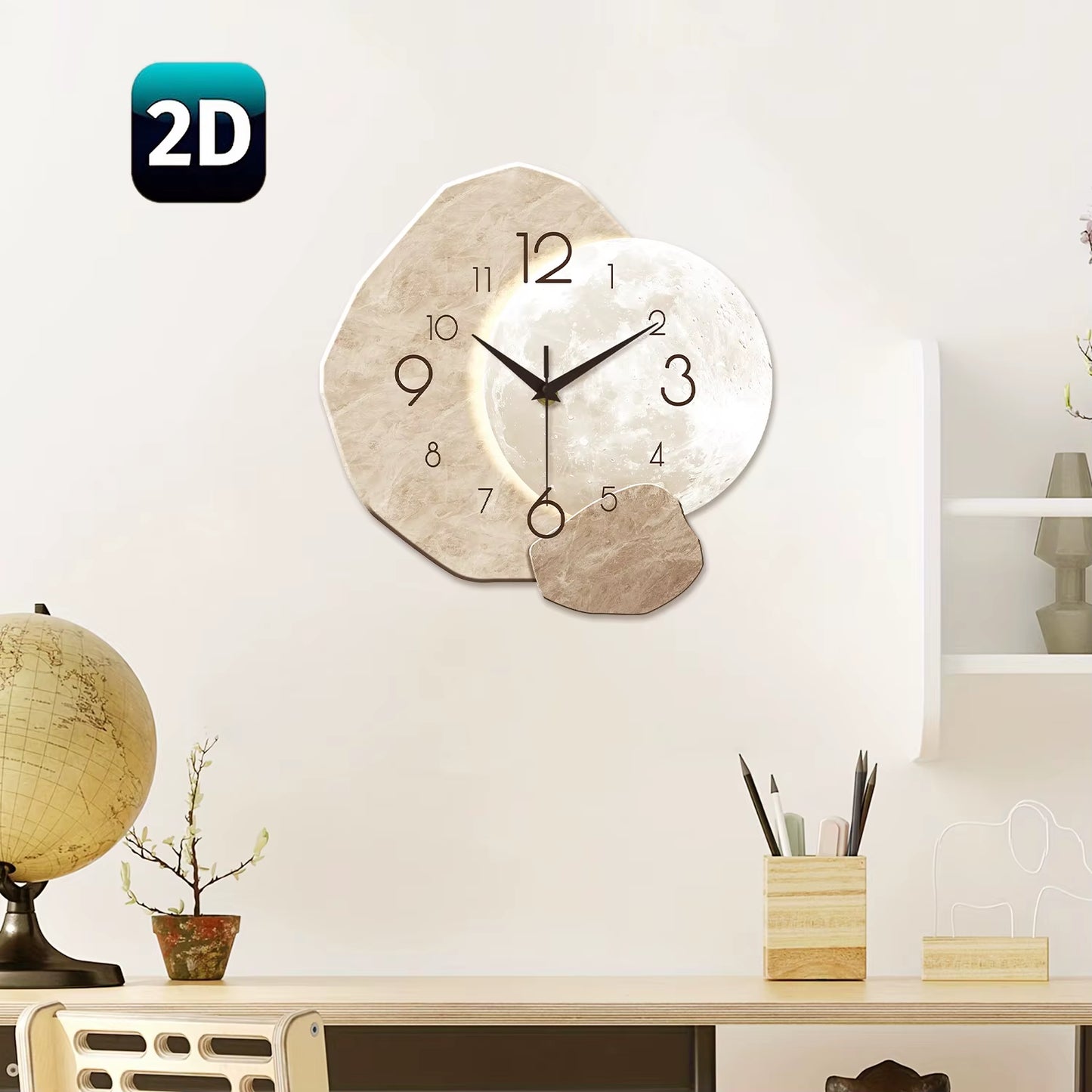 Modern Simple Silent Wall Clock, Moon Design - Quartz Movement, Wooden Material, for Bedroom, Living Room or Office Decoration