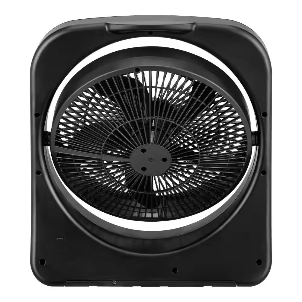 9 In. Multi-Speed Rechargable Box Fan in Black with Adjustable Head, Build-In Battery, and Usb-Type C Charging