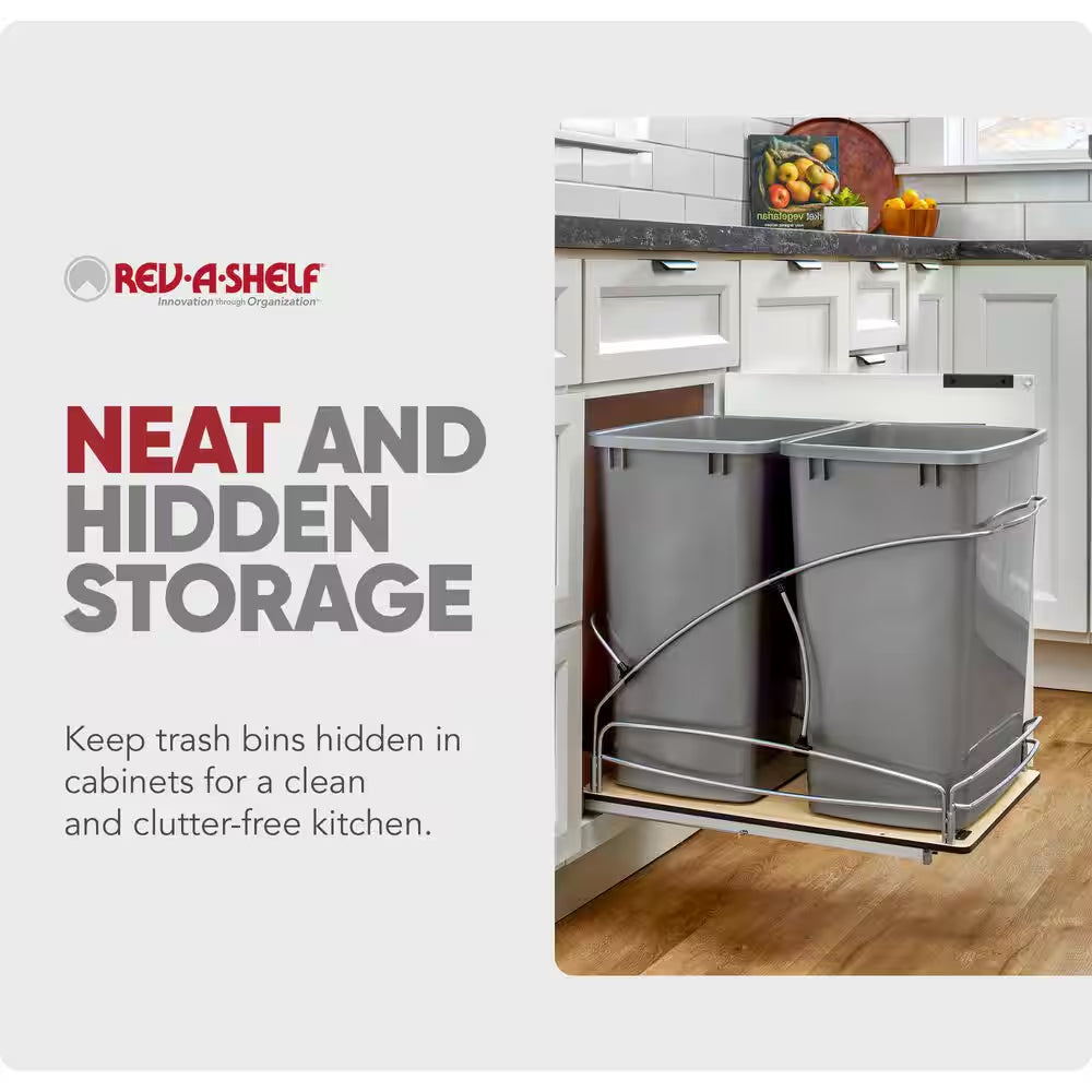 Double 35 Quart Pull Out Trash Containers, Gray, 54WC-1835SC-17-1