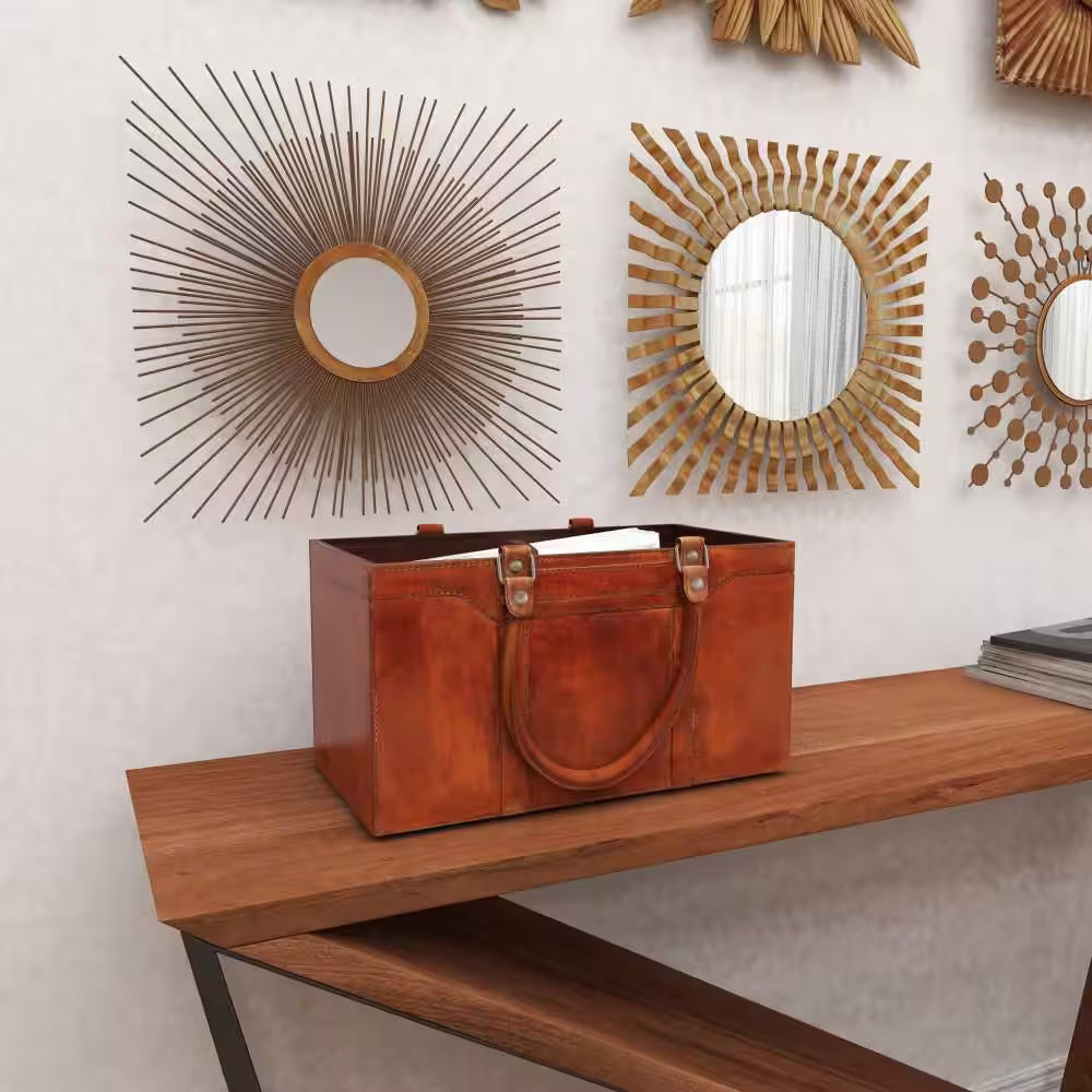 Brown Handmade Box Style Standing Magazine Holder with Detail Stitching and Curved Handles