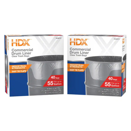 HDX 55 Gallon Clear Heavy-Duty Flap Tie Drum Liner Trash Bags (80-Count)