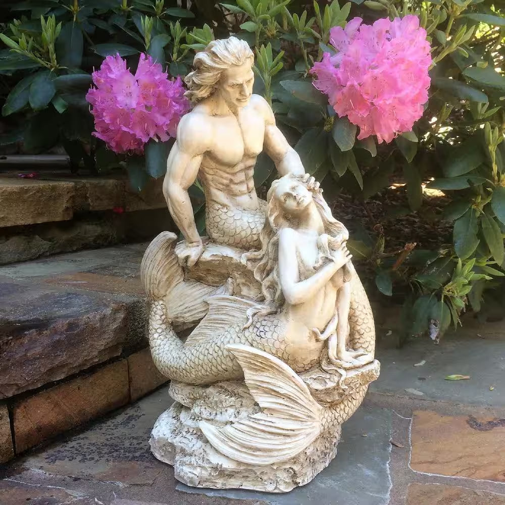 18 In. Sexy Merman and Mermaid on the Rocks Nautical Beach Statue Antique White