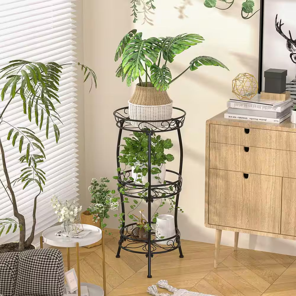 3-Tier Metal Plant Stand, Rustproof Iron, Heavy Duty Metal Indoor/Outdoor Flower Holder, Black 33.8 In.