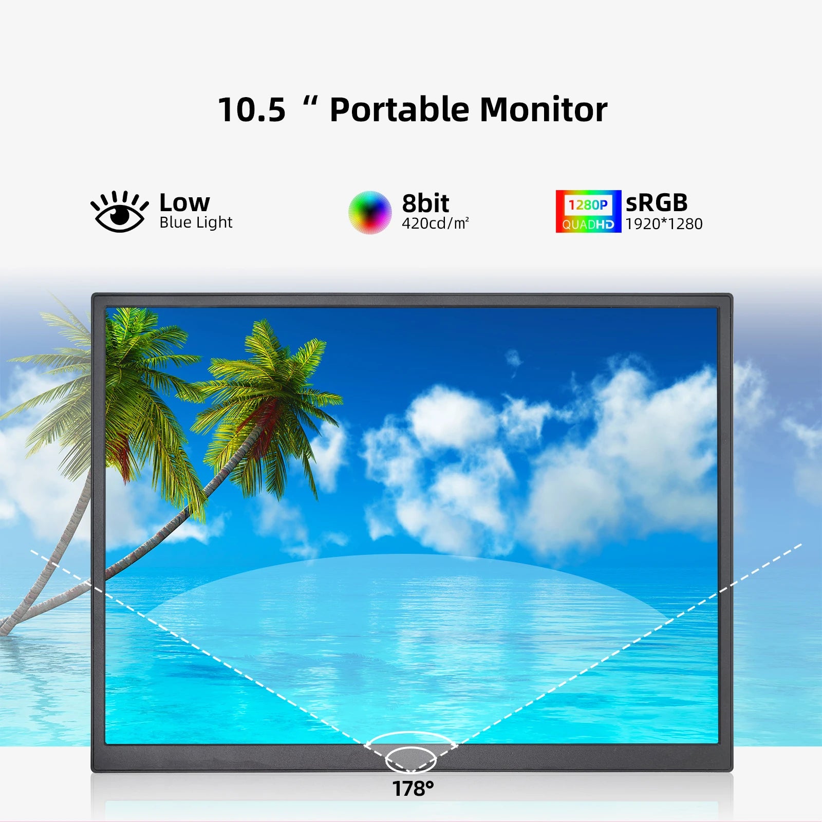 10.5-Inch Portable Monitor 1280P 100%Srgb 15:10 Low Blue Light for Xbox PS4 / 5 Switch Cell Phone PC Loptop Extension