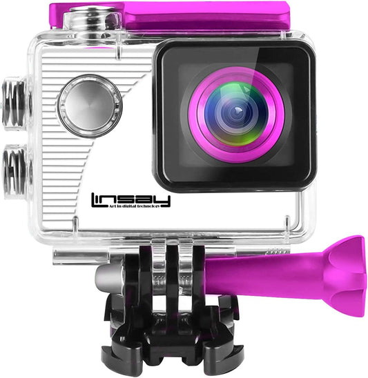 LINSAY Funny Kids Pink Action Camera Sport Outdoor Activities HD Video and Photos Micro SD Card Slot up to 32GB